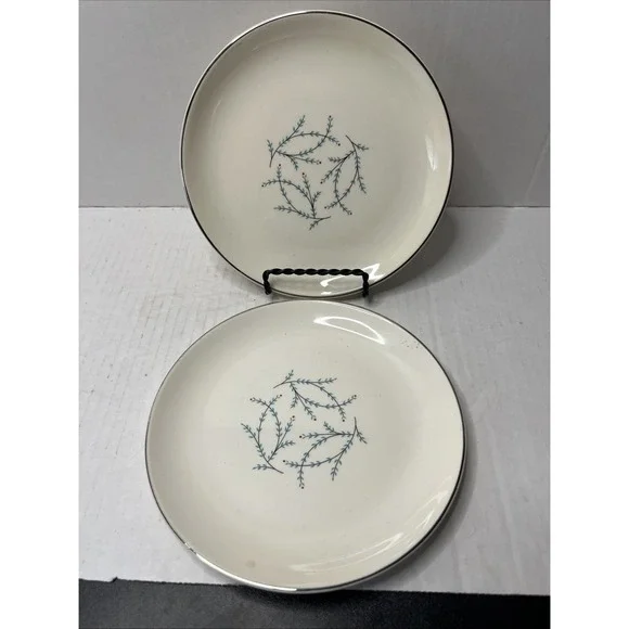 2 Vintage Taylor Smith & Taylor Aqua Blue Twig 6.5" Dessert Pie Bread Plates - Picture 1 of 2